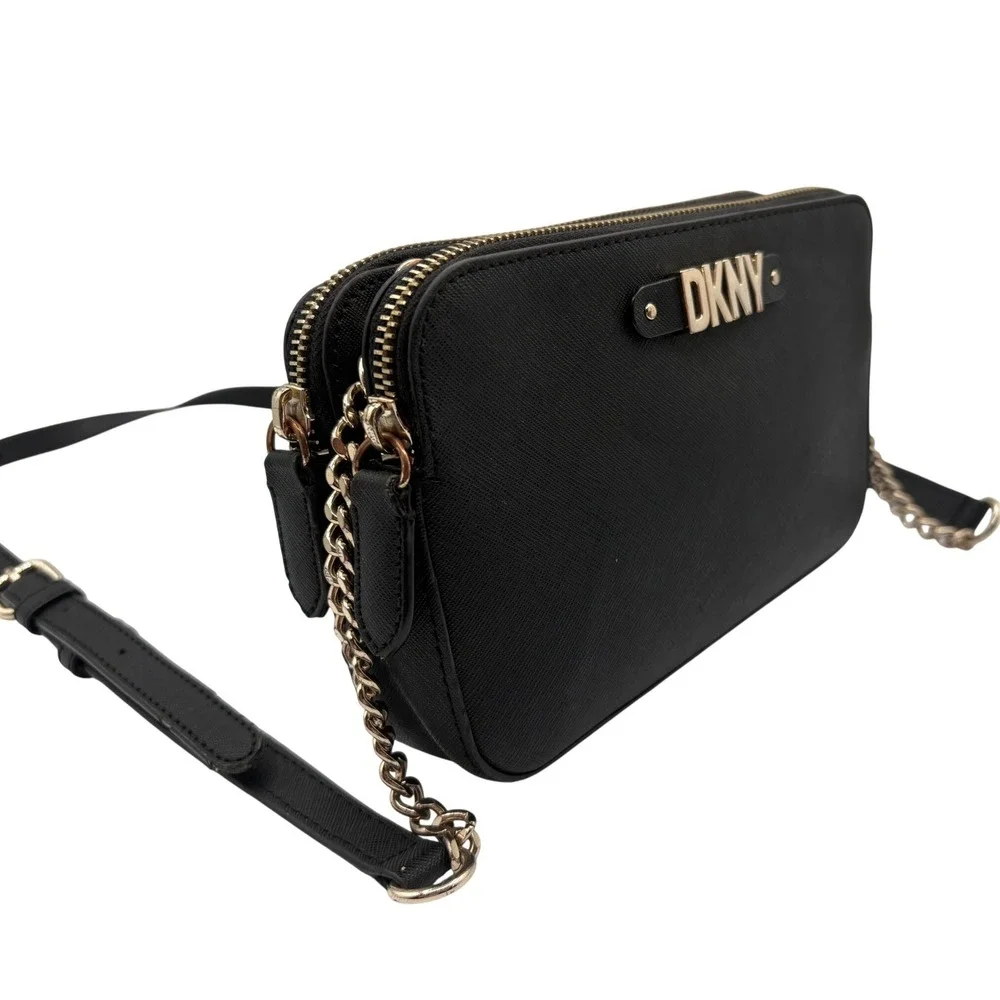 DKNY Crossbody Bag Womens Small‎ Black Excellent Saffiano Leather Gold Logo